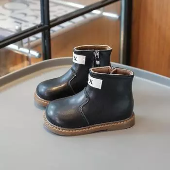 Children Leather Boots Anti Slip Waterproof Side Zipper Autumn Flat Heel Low Cut Baby Boys Girls Fashion Boots Kids Shoes 21 чёрный