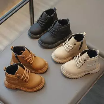 Детские кожаные ботинки в стиле ретро с мягкой подошвой, короткие ботинки в британском стиле с боковой молнией, универсальные модные ботильоны для мальчиков и девочек 21 бежевый
