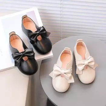 Children Leather Shoes with Bow-knot Round-toe Solid Color Soft Kids Casual Shoes Sweet Princess Girls Flats Moccasin Shoes 21 бежевый
