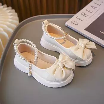 Children Leather Shoes with Pearl Chain Bow Versatile 2024 New Girls Shallow Loafers Casual Simple Non-slip Princess Party Shoes 26 чёрный