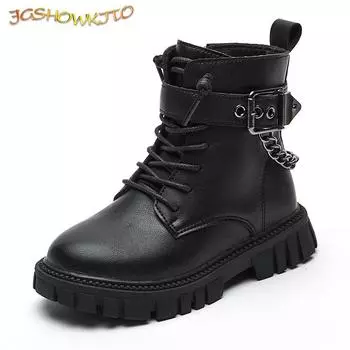 Children New Boots Soft-soled Girls Tide Boots Autumn and Winter Warm British Style Boys Leather Boots Student Metal Chain Hot 26 бежевый