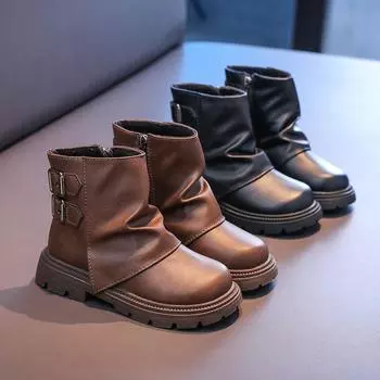 Children New Leather Boots Solid Color Girls Boots for Winter Thick Bottom Plush Fashion Patchwork Versatile Kids Cotton Boots 26 чёрный