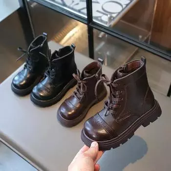 Children Platform Ankle Boots Simple Patchwork Girls Leather Boot Fashion Kids Causal Short Boots Black Brown Versatile Non-slip 26 коричневый