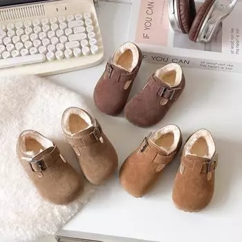 Children Plush Leather Shoes Girls Boys Cotton Shoes Soft Bottom Keep Warm Anti-slippery Kids Flats Shoes 2024 Winter New 21 коричневый