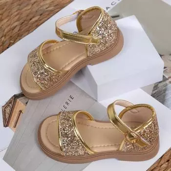 Children Princess Flat Shoes Girls Summer Sandals with Shining Sequins 2024 New Kids Fashion Versatile Beach Shoes for Vacation 23 золотой