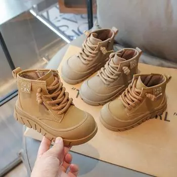 Children s Autumn Boots 2024 New Thick Bottom Girls Causal Ankle Boots Fashion Versatile Patchwork Kids Leather Boots Round-toe 26 хаки