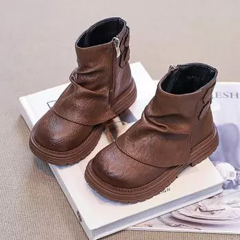 Children s Autumn Boots New Thick Bottom Girls Ankle Boots Patchwork Fashion Kids Causal School Leather Boots Matte PU Round-toe 26 коричневый
