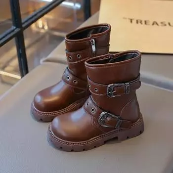 Children s Autumn Boots Retro Metal Girls Mid-calf Boots Round-toe Thick Soled Kids Causal Fashion Boots Versatile Matte Leather 26 коричневый