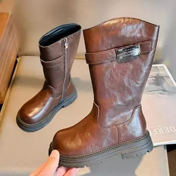 Children s Autumn Boots Simple Round-toe Girls Thick Bottom Boots Fashion Versatile Non-slip Kids Causal Long Boots Black Brown 26 чёрный