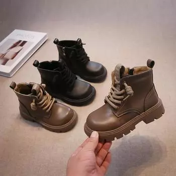 Children s Autumn Boots Thick Bottom Black Boots for Girl Causal School Versatile Kids Fashion Platform Ankle Boots Round-toe 27 хаки