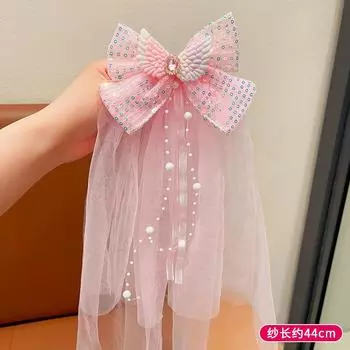 Children s bow hair clip, princess headband, girl s super fairy floating yarn, rhinestone pearl hairpin, little girl s birthday