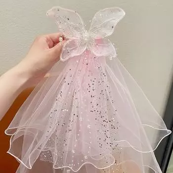 Children s Butterfly Fairy Puffy Tulle Hair Clips Pearl Decorated Sparkling Non-Damaging Hair Accessories for Little Girls