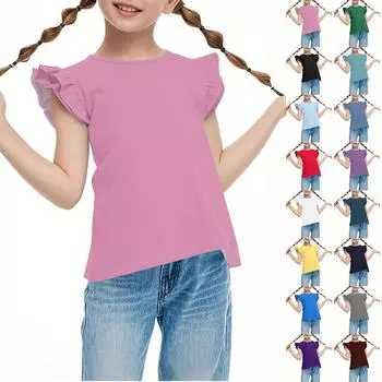 Children s Casual Short Sleeve Pleats Cute Round Neck Solid Color Top 110 армия зеленый