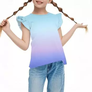 Children s Casual Short-Sleeved Pleated, Cute Gradient Printed Round-Neck Solid-Color Top 140 синий