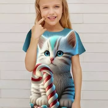 Children s Clothing Cute 3D Cat Graphic Print Short Sleeve Tops Casual Pullover Child Girls Summer 110