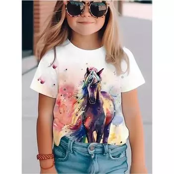 Children s Clothing Girl Cute and Funny Animal Horse 3D Print Graphic Style Comfortable Crew Neck Top 110