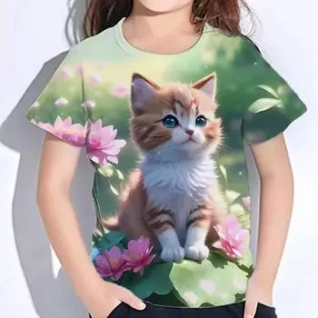 Children s Clothing Girl Short Sleeve Cartoon Cat Graphic Kids Summer Casual Cute Clothes Round Neck 110