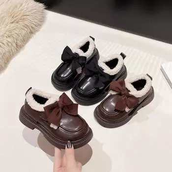 Детская хлопковая обувь Элегантный тренд Бантик Детская зимняя обувь Модная универсальная Детская повседневная Толстая подошва Кожаная обувь для девочек 26 чёрный