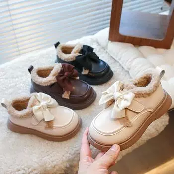 Children s Cotton Shoes Fashion Girls School Moccasins Shoes Thick Bottom Winter Kids Princess Performance Leather Shoes 23 коричневый