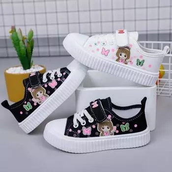 Children s Cute Cartoon Canvas Shoes Girls Flat Sneakers Casual Sports Shoes Students Lightweight Running Board Shoes 26 чёрный