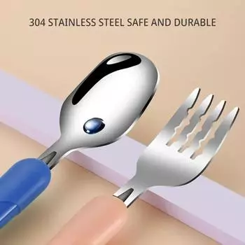 Children s Cutlery Set Stainless Steel Spoon and Fork Portable Set Baby Feeding and Complementary Food Training Utensils синий