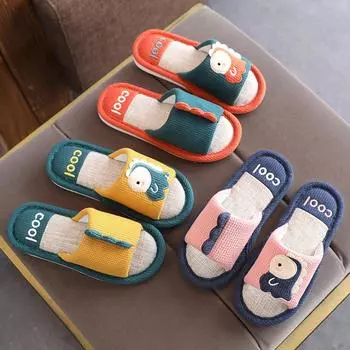 Children s dinosaur linen slippers women s 2002 spring and autumn four seasons home soft bottom cartoon parent-child cotton and linen slippers 24/25 (inner length 16cm)