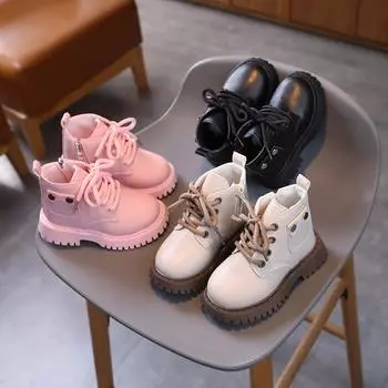 Children s Fashion Front Lace Up Soft Sole Anti Slip Warm Snow Boots Girls Plush Casual Cotton Shoes 30 чёрный