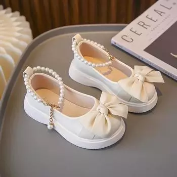 Children s Fashionable Black Leather Shoes with Pearl Chain Bow Cute Girl Mary Janes 2024 New Kids Versatile Wedding Party Shoes 26 чёрный