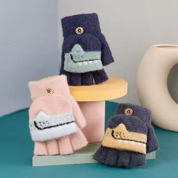 Children s Gloves Are Warm and Cold-proof In Winter with Velvet Half-finger Flip-top Cartoon Crocodile Children s Mink Velvet Primary School Students