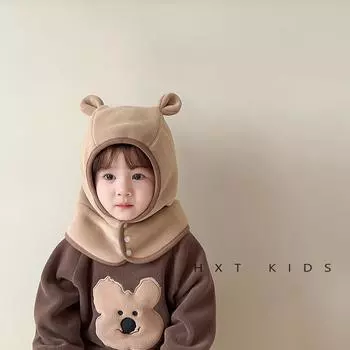 Children s hat, scarf, integrated shawl hat, winter super cute cute bear warm ear hat, baby pullover hat tide