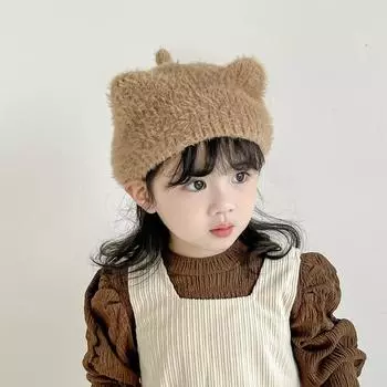 Children s hats autumn and winter girls beret baby cute cat ear plush pullover hat children s foreign style knitted hat