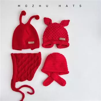 Children s hats autumn and winter knitted hats warm boys and girls red wool hats sleeves lace up baby ear hats tide