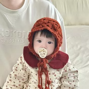 Children s hats autumn and winter wool hats cute Korean crochet knitted hats girl baby foreign style ear hats thermal hats 5 months-3 years old (head circumference 44-50cm)