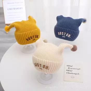 Children s hats baby embroidered letters simple and versatile knitted hats boys and girls autumn and winter warm wool pullover hats 47-52cm