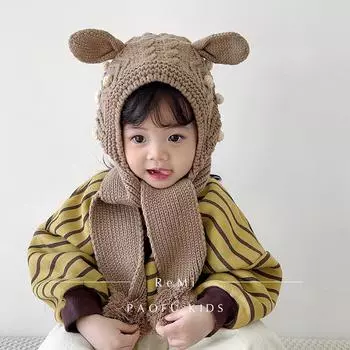 Children s hats, scarves, integrated hats, autumn and winter velvet baby ear protectors, thickened warm boys and girls wool hats, winter