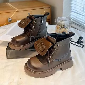 Children s leather boots British style girls Martin boots thick-soled round head boys niche non-slip autumn and winter new short boots 26 чёрный