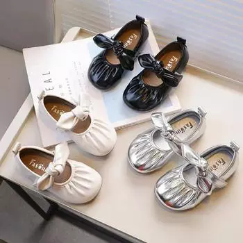Children s Leather Shoes Simple Versatile Girls Causal Bowknot Shoes Fashion Spring Autumn Kids Versatile Flat Shoes Soft Bottom 26 бежевый