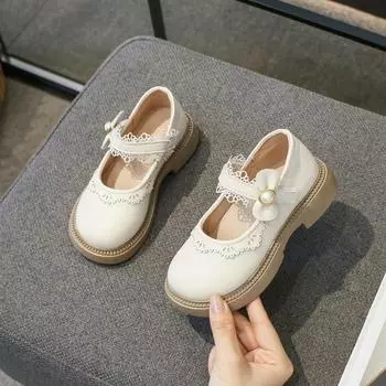 Children s Leather Shoes Spring and Autumn Girls Britain Style Black Autumn New Lace Pearls Hook & Loop Kids Fashion Casual Shoe 26 чёрный