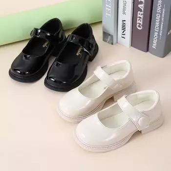Children s Leather Shoes Spring Autumn Glossy Black Shoes for Girls Fashion Kids School Formal Mary Jane Shoes Causal Versatile 27 бежевый