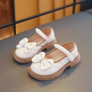 Children s Leather Shoes Spring Autumn Kids Mary Jane Shoes Fashion Pearl Bowknot Girls Flat Shoes Lolita Toddlers Single Shoes 24 чёрный