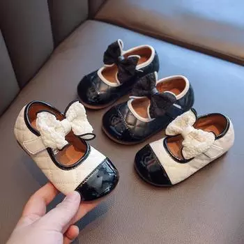 Children s Leather Shoes Spring Autumn Patchwork Girl Princess Shoes with Bowtie Fashion Kids Causal Non-slip Flats Soft Bottom 21 чёрный