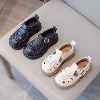 Children s Leather Shoes Spring Summer Girls Princess Causal Flat Shoes Fashion Cut-outs Kids Mary Jane Shoes Breathable New 23 чёрный