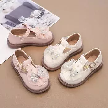 Children s Leather Shoes Sweet Bowknot Girls Party Dresses Shoes Elegant Fashion Kids Causal Versatile Princess Flats Hollow-out 24 бежевый