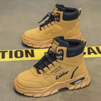 Children s Martin Boots Boys Boots Medium and Older Children s Non-Slip Outdoor Leather Boots Autumn and Winter Tooling Knight Boots Student Tide S 32 песочный