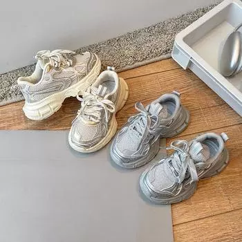 Детские сетчатые красивые однотонные кроссовки для мальчиков среднего и большого размера, кроссовки для детей, повседневная обувь для девочек 26 серебряный