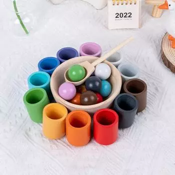 Children s New Puzzle Fun 12 Color Ball And Cup Color Classification Wooden Toy Clip Beads Color Cognitive Matching 48.68 темно-синий