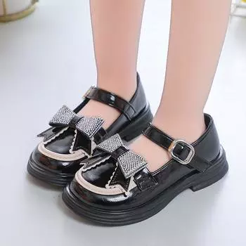 Children s Princess Leather Shoes 2024 Spring New British Style Rhinestones Bow Hook & Loop Kids Fashion Casual Shoes for Party 26 бежевый