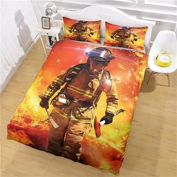 Children S Quilt 3D Fireman Fire Truck Print Bedding 3Pcs Fashion Duvet Cover Set For Bedroom, Guest Room Soft Comfortable W90xL190cm
