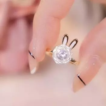 Children s Ring Female Rotatable Rabbit Open Ring Necklace Ear Stud Special-Interest Design Ins Girl Girls Jewelry Rotatable Rabbit Ring Adjustable opening