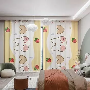 Детская комната спальня плотные затемняющие шторы милый мультфильм розовый клубника кролик медведь затеняющие шторы для комнаты девочки 2 шт. W55 X H120cm X 2&HOOK